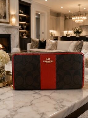 Coach Brown Signature Zip Wallet with Red Center Stripe